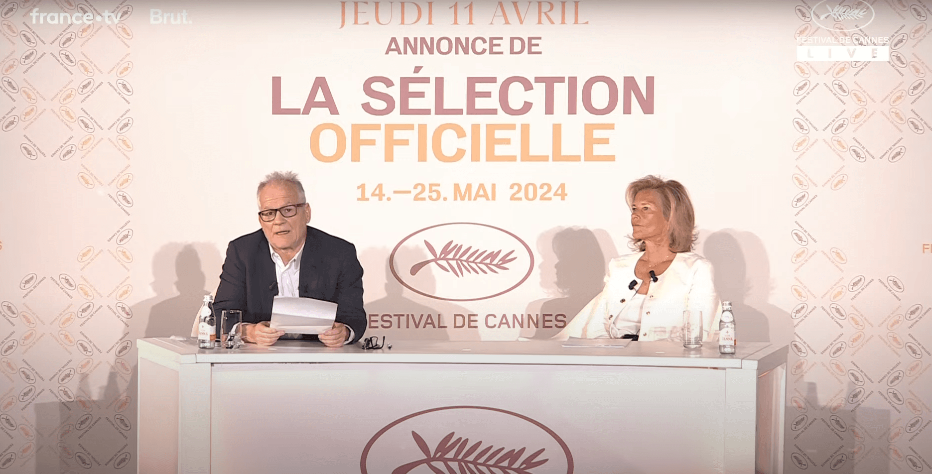 Thierry Frémaux e Iris Knobloch, director artístico y presidenta del Festival de Cannes, durante el anuncio de la programación de 2024